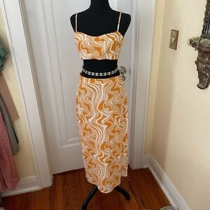 NWOT Caara‎ Psychedelic Peach Retro Maxi Skirt and Crop Top Linen Size Medium